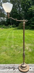 1930's Bronze Tone Swing Arm Floor Lamp White Glass Diffuser Shade 55' H 10' Base Tested And Working