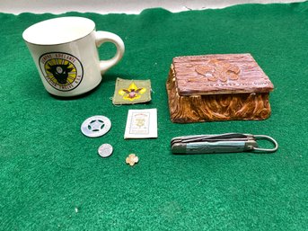 Lot Of Vintage Boy Scout And Girl Scout Items. Pocket Knife, Sterling Pin, Lucky Coin, Patch, Covered Box.