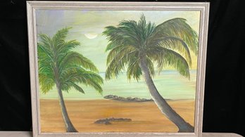 Large Original Oil Painting Signed On Back, Of A Tropical Beach With Palm Trees