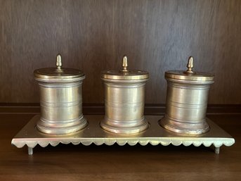 Antique Solid Brass Ink Standish Set  With 3 Potwell Covers  Circa 18th Century