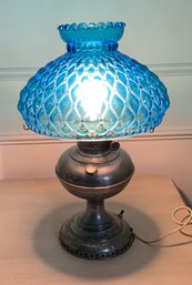 Antique Electrified Oil Lamp With Beautiful Diamond Quilted  Blue Glass Shade