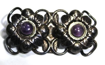 SIGNED MEXICAN STERLING SILVER BROOCH FLOWERS W AMETHYST STONES