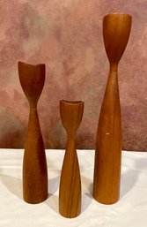 Lot Of Three Mid Century Teak Candle Holders From Denmark