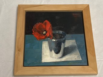 Superb Framed Oil On Panel By Listed Artist JUDY VILMAIN- Titled Still Life On Blue Table