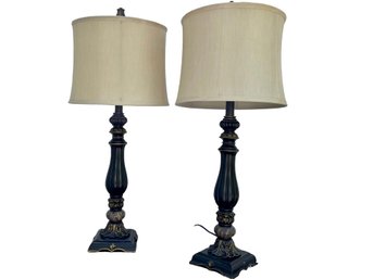 2 Traditionally Styled Plastic Black & Gold Table Lamps With Shades.