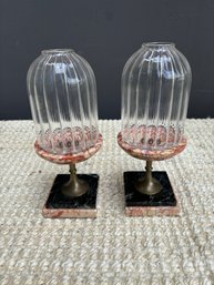 Pair Of Elegant Glass-Topped Marble Candle Holders (4 Pieces)