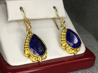 Gorgeous 925 / Sterling Silver With 18K Gold Overlay Earrings With Natural Sapphires - Very Pretty Earrings !