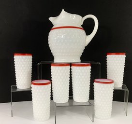 Vintage MacBeth-Evans Machob White Glass Hobnail Pitcher & Glasses With Red Band