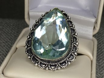 Absolutely Stunning 925 / Sterling Silver Cocktail Ring With Pale Blue Topaz - Amazing Silver Work - WOW !