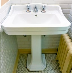 A Vintage Porcelain Pedestal Sink With High End Taps, Possibly Waterworks