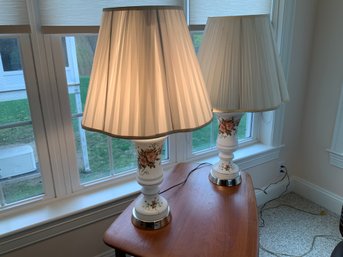 Pair Of Painted Milk Glass Lamps