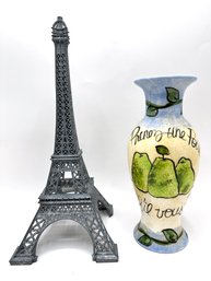 Eiffel Tower Made In France & Hand Painted Vase With French Writing, Signed