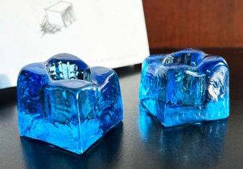 Pair Of Mid Century Modern Blue Glass Candlestick Holders