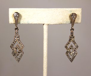 Pair Sterling Silver 1980s Marcasite Pierced Drop Earrings