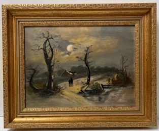 Antique Oil On Board Painting - Walk In The Moonlight - Winter Scene - L W 1896 - Small 12 X 15 Inches