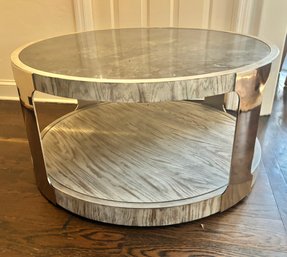 Round Weathered Oak Coffee Table With Bluestone Top