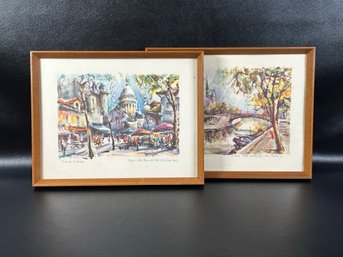 A Fabulous Pair Of Vintage Mid-Century Watercolor Prints By Marius Girard: Parisian Street Scenes