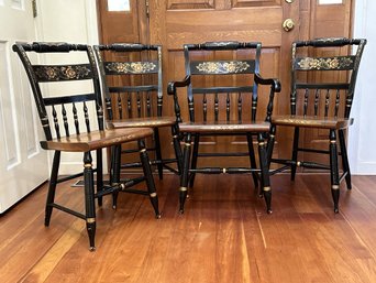 A Pretty Set Of Stenciled Hitchcock Dining Chairs In Black & Stained Wood: Arm Chair & Three Side Chairs