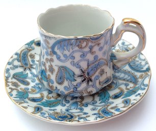 PAISLEY DEMITASSE CUP AND SAUCER: Vintage Blue & White, Lefton China, Saucer Broken In Half & Glued, Porcelain