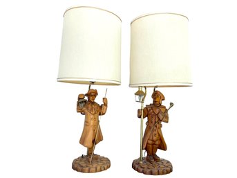 Pair Of Wood Carved Patriot Lamps With Brass Details