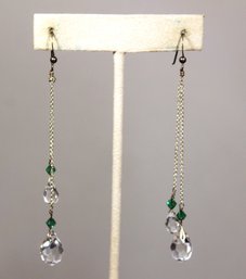 Pair Elongated Pierced Crystal Drop Pierced Earrings Green And Clear