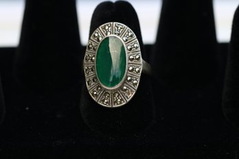 Sterling Silver Green Onyx Marcasite Ring Size 8.50