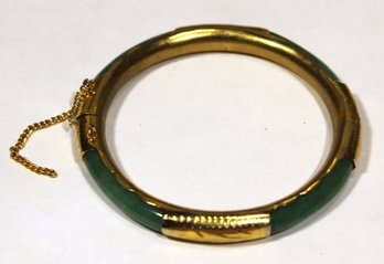 FINE GILT SILVER GENUINE JADE HARD STONE HINGED BANGLE BRACELET