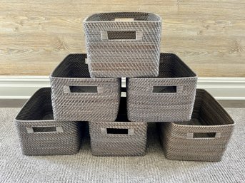 6 Crate & Barrel Grey Wicker Storage Baskets