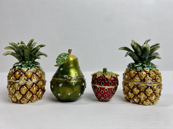 Enameled And Jeweled Fruit Trinket Boxes - Pineapple, Pear, Strawberry (4)