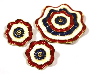 VINTAGE GOLD TONE RED, WHITE AND BLUE ENAMEL BROOCH EARRINGS BY MARVELLA