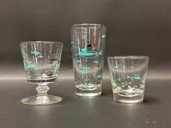 A Fabulous Set Of Mid-Century Barware By Libby, Atomic Fish, 10 Glasses Total