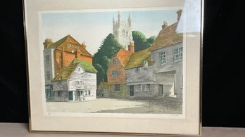 Signed And Numbered Limited Edition Lithograph Of An English Village With Cathedral