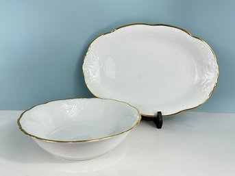 Vintage Wawel Poland Fine China Casa Oro Platter And Serving Bowl With Embossing & Gold Trim