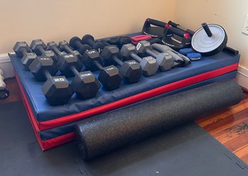Lot Of Various Weights, Workout Equipment, And Tumbling Mat