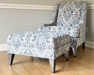 A Modern Arm Chair And Ottoman In Paisley Print Tapestry By Ethan Allen