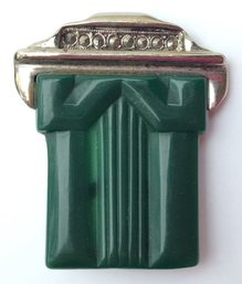 ART DECO LOOK GREEN PIN: 1 5/8 Inch Tall, Silver Tone, Carved Green Plastic Material