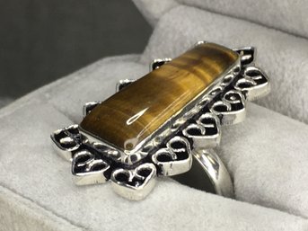 Beautiful And VERY Unusual Sterling Silver / 925 Cocktail Ring With Highly Polished Tiger Eye Cabochon