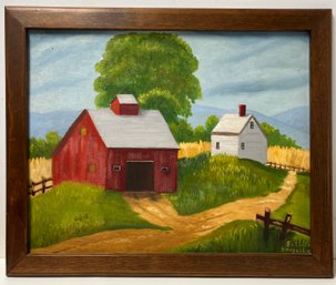 Vintage Country Scene Framed Oil On Board Painting - Barn House - Signed Sylvia Songailo - 18.5 X 22.5 Inches