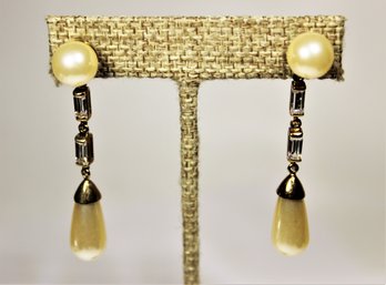 Gold Over Sterling Silver Pierced Faux Pearl And White Stone Drop Earrings