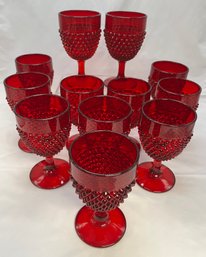 12pc Set Vintage MCM Fenton Ruby Red Hobnail Stemmed Glass Water Wine Goblets