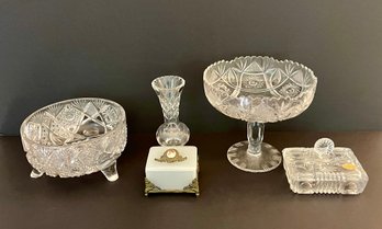 VTG German & Czech Lead Crystal Serving & Vanity Pieces & A Cameo Trinket Box Raised On Brass Feet, 5 PCS.