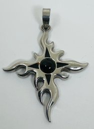 SILVER TONE ENAMELED FLAME CROSS/BURSTING SUN PENDANT