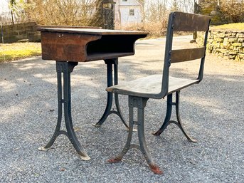 An Antique Cast-iron And Mahogany School Desk And Chair