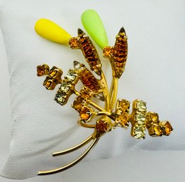 VINTAGE GOLD TONE RHINESTONE SPRAY WITH YELLOW AND GREEN FLOWER BROOCH