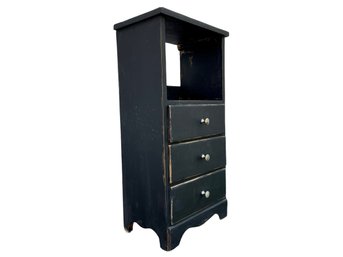 Distressed Black Side Table With Drawers And Open Shelving