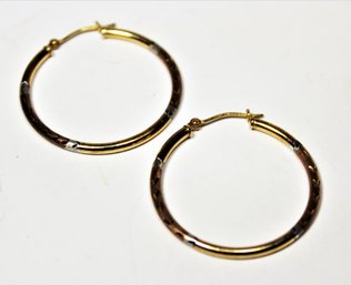 Tri Colored Gold Over Sterling Silver Engraved Pierced Hoop Earrings