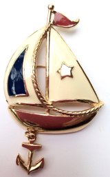 VINTAGE AVON SAILBOAT PIN: Nautical Ship Brooch, Gold Tone, Red, Navy Blue & Cream Enamel Cute Dangling Anchor