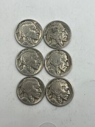 6 Buffalo Nickels 1930, 1935, 1936 (2), 1937 (2)