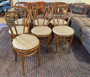 Set Of Seven Original 1930s Bentwood Oak Bistro Chairs With Cushions