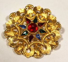 GOLD TONE VINTAGE RHINESTONE BROOCH COLORFUL STONE